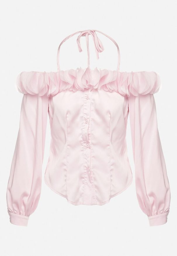 Born2be - Jasnoróżowa Koszula Hiszpanka z Falbanką i Wiązaniem Inace. Okazja: do pracy. Typ kołnierza: dekolt hiszpanka. Kolor: różowy. Styl: elegancki