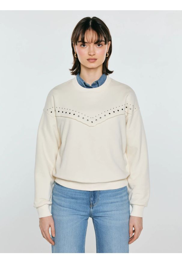 Big-Star - Bluza damska z linii Authentic perłowa Frolia 103. Okazja: na co dzień. Kolor: kremowy. Materiał: materiał, skóra, dzianina. Długość rękawa: długi rękaw. Długość: długie. Wzór: ze splotem, aplikacja. Styl: casual, klasyczny