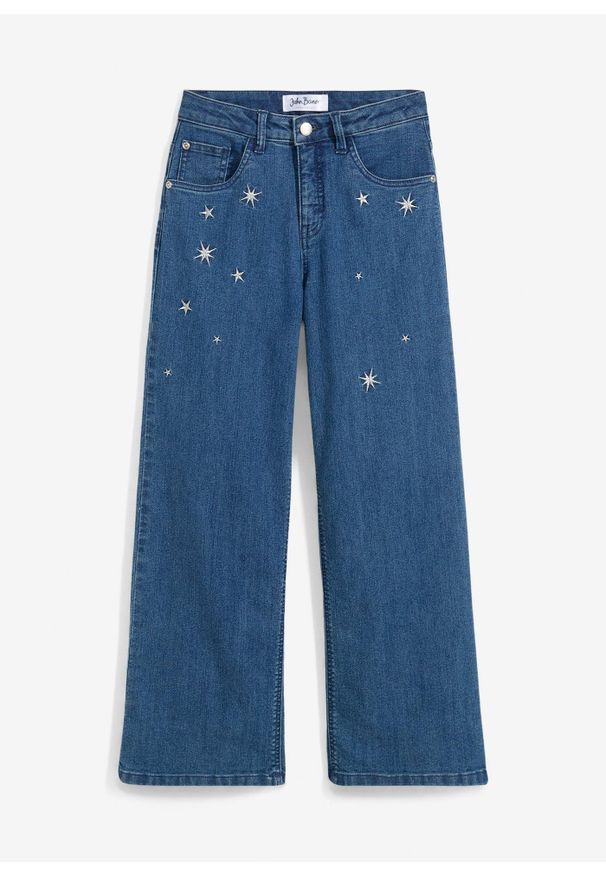bonprix - Dżinsy z haftem, Wide Leg. Kolor: niebieski. Wzór: haft