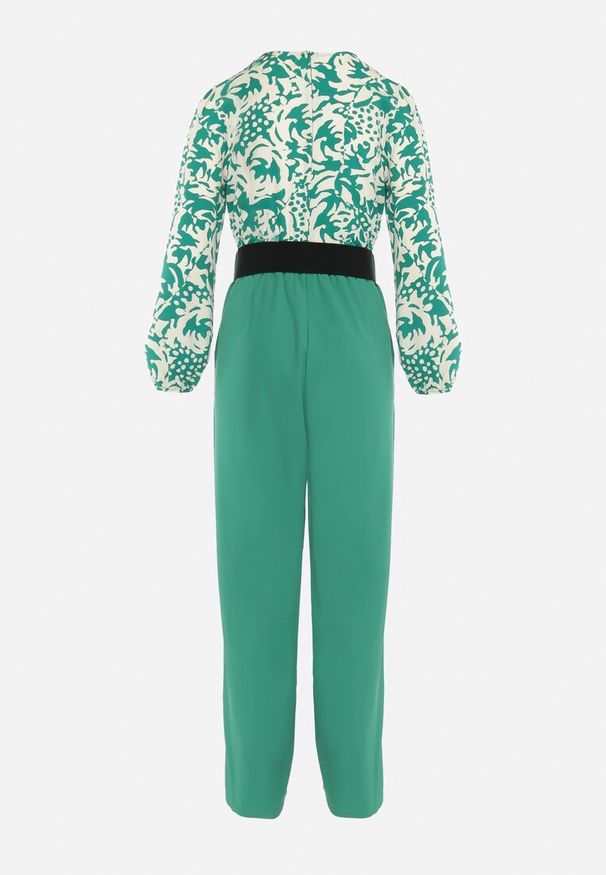 Born2be - Zielono-Biały Kombinezon z Paskiem Góra w Print i Trójkątny Dekolt Hamiora. Kolor: zielony. Wzór: nadruk