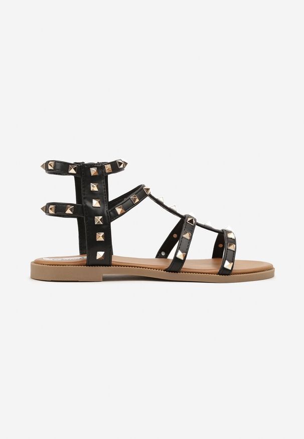 Renee - Czarne Sandały w Stylu Gladiatorek ze Zdobieniem z Ćwiekami Tesirea. Okazja: na co dzień. Kolor: czarny. Materiał: jeans. Wzór: aplikacja. Obcas: na płaskiej podeszwie. Styl: casual
