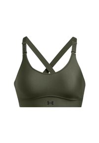 Biustonosz treningowy damski Under Armour UA Infinity Mid 2.0 Bra - khaki. Kolor: brązowy, wielokolorowy, oliwkowy. Materiał: elastan, poliester. Rodzaj stanika: różne sposoby noszenia, odpinane ramiączka. Sport: kolarstwo, fitness