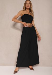 Renee - Czarne Spodnie o Szerokim Kroju High Waist Ozdobione Paskiem Rasalle. Okazja: na co dzień. Stan: podwyższony. Kolor: czarny. Wzór: aplikacja. Styl: casual, elegancki