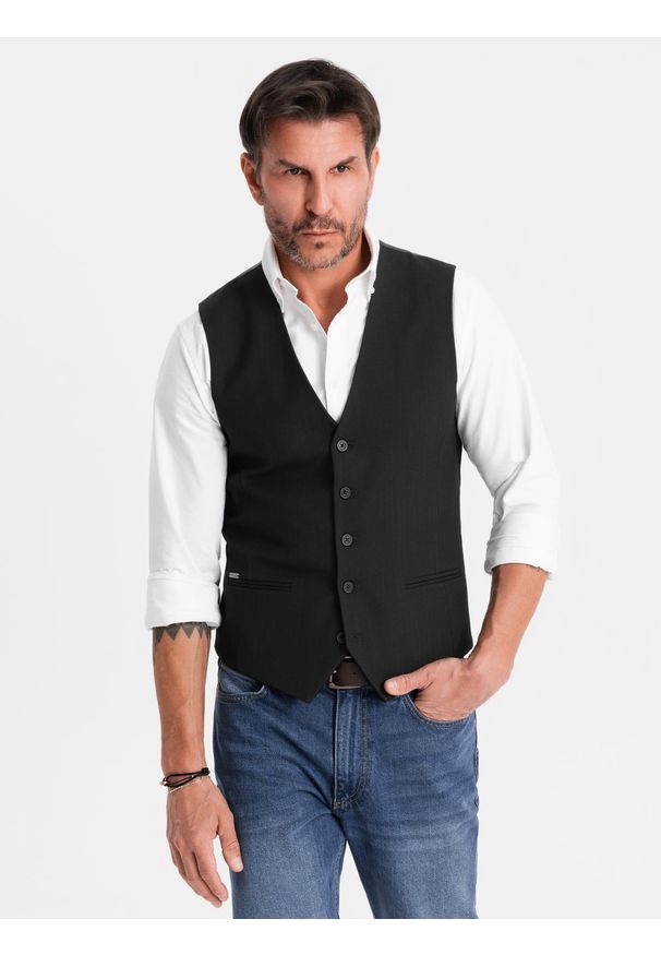 Ombre Clothing - Elegancka męska kamizelka w jodełkę SLIM FIT - czarna V3 - Rozmiar: XL. Okazja: na spotkanie biznesowe, do pracy, na co dzień. Typ kołnierza: golf. Kolor: czarny. Materiał: tkanina, wiskoza, poliester, materiał, elastan. Wzór: jodełka. Styl: elegancki