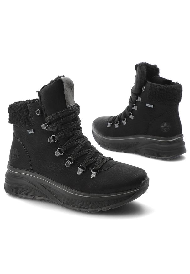 Czarne Botki Rieker Ocieplane Buty Damskie. Okazja: na co dzień. Wysokość cholewki: przed kolano. Zapięcie: sznurówki. Kolor: czarny. Materiał: materiał. Szerokość cholewki: normalna. Sezon: zima. Styl: casual, klasyczny, sportowy