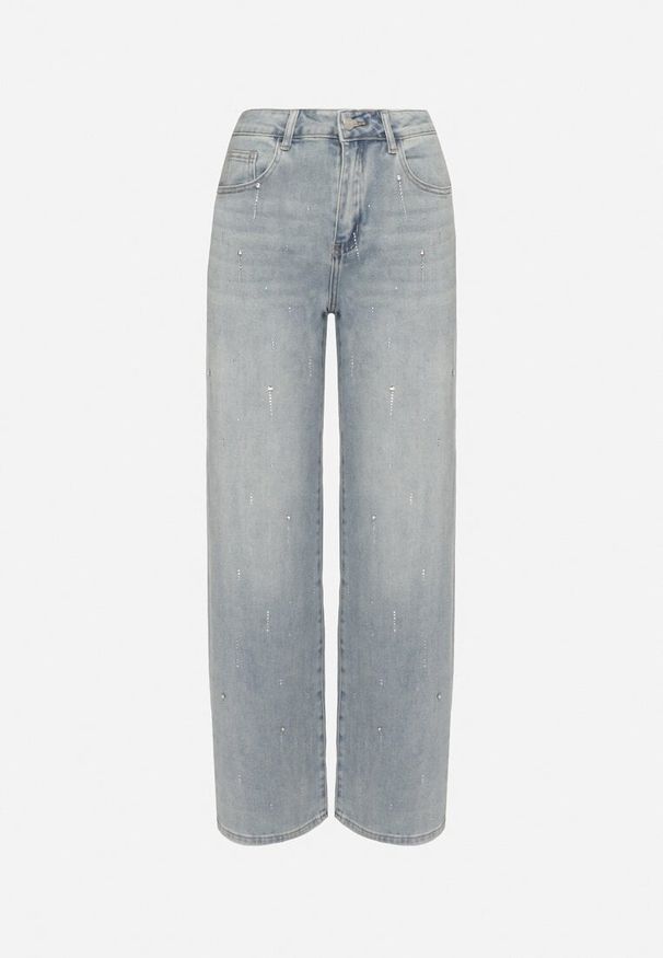Born2be - Niebieskie Jeansy z Bawełną o Szerokim Kroju z Cyrkoniami Eladrela. Okazja: na co dzień. Stan: podwyższony. Kolor: niebieski. Styl: elegancki, casual