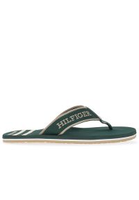 TOMMY HILFIGER - Japonki Tommy Hilfiger Monotype Logo FM0FM05020-MBP - zielone. Okazja: na co dzień, na plażę. Kolor: zielony. Materiał: materiał, poliester. Wzór: napisy, aplikacja, paski. Sezon: lato. Styl: wakacyjny, casual