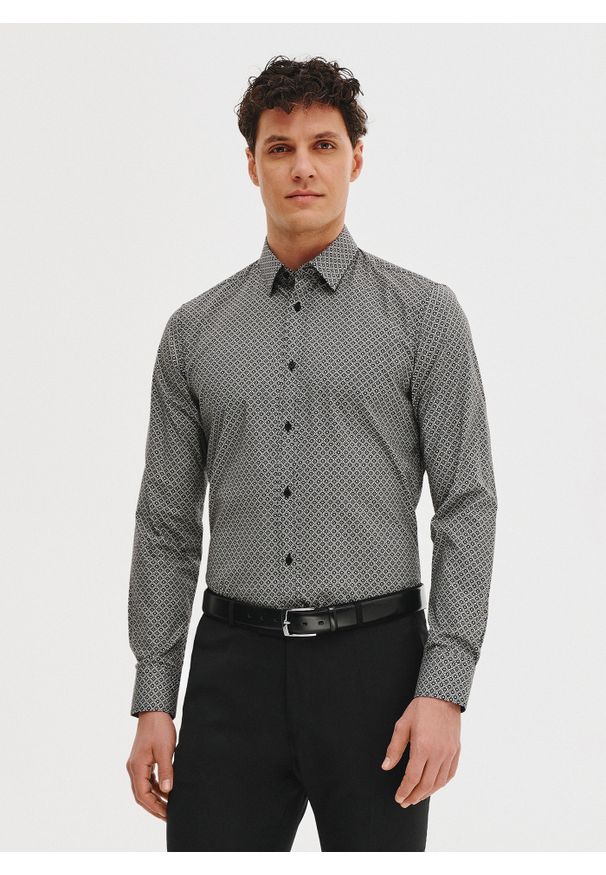 Pako Lorente - PAKO LORENTE - Czarna koszula męska w mikrowzór. Kolor: czarny. Materiał: elastan, bawełna. Długość rękawa: długi rękaw. Długość: długie