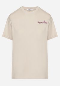 Born2be - Jasnobeżowy Bawełniany T-shirt Oversize Fillaria. Okazja: na co dzień. Kolor: beżowy. Materiał: bawełna. Wzór: aplikacja. Styl: klasyczny, casual