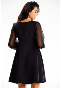 Awama - Elegancka sukienka trapezowa z tiulowymi rękawami czarna. Kolor: czarny. Materiał: tiul. Typ sukienki: trapezowe. Styl: elegancki #4