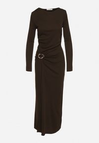 Born2be - Brązowa Sukienka Koktajlowa z Aplikacją z Marszczeniem na Biodrach Rariana. Okazja: na randkę, na imprezę. Kolor: brązowy. Długość rękawa: długi rękaw. Wzór: aplikacja. Styl: wizytowy #5