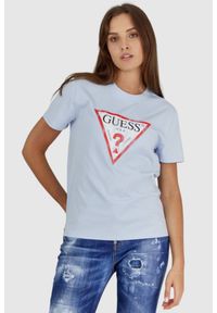 Guess - GUESS Błękitny t-shirt damski z vintage logo, Rozmiar S. Kolor: niebieski. Materiał: bawełna. Wzór: nadruk. Styl: vintage