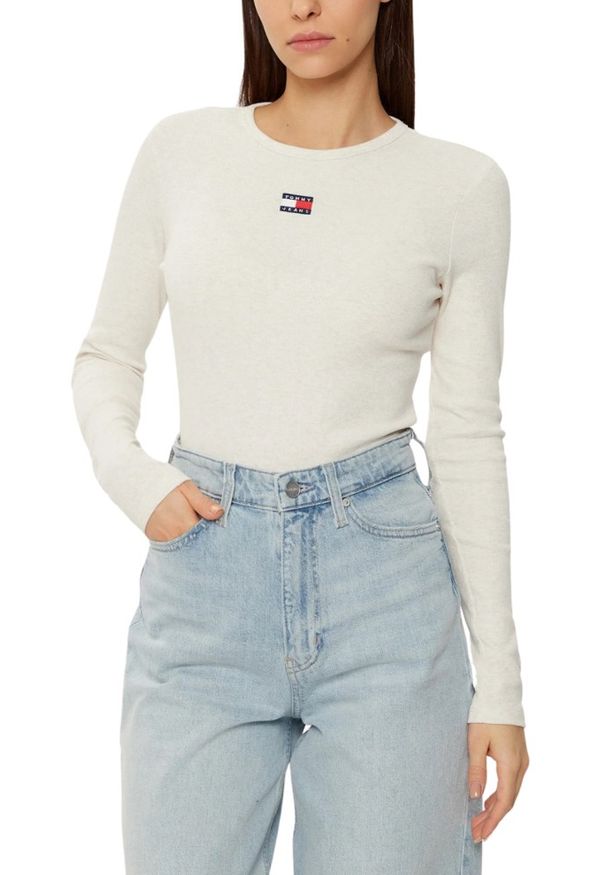 Tommy Jeans - TOMMY JEANS Beżowy damski longsleeve, Rozmiar S. Kolor: beżowy. Długość rękawa: długi rękaw