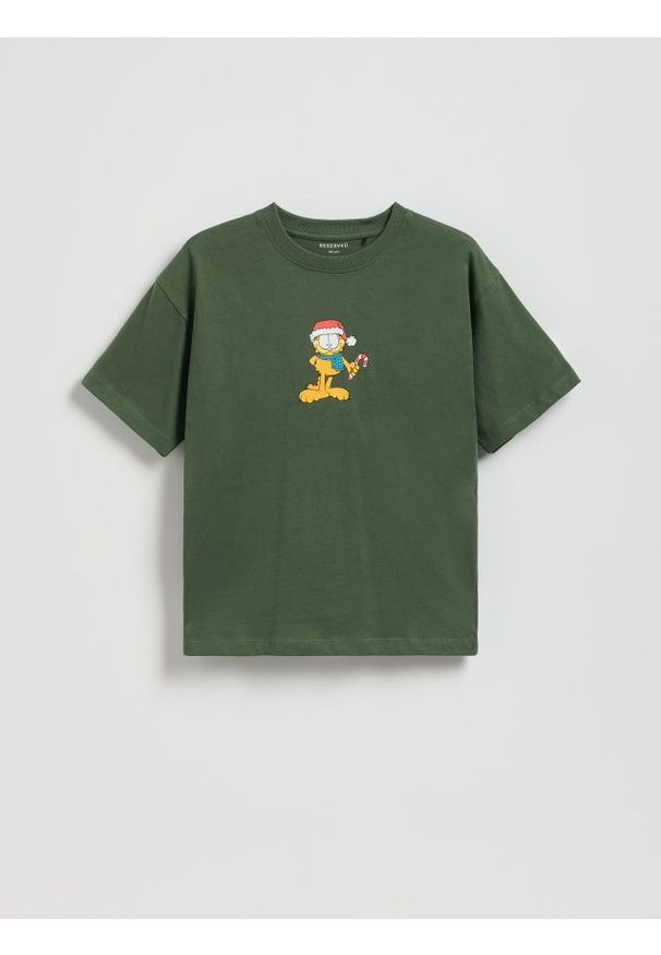 Reserved - T-shirt Garfield - ciemnozielony. Kolor: zielony. Materiał: dzianina, bawełna