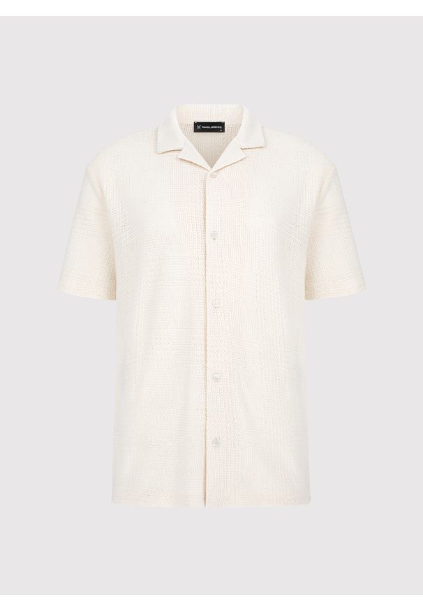 Pako Lorente - PAKO LORENTE - Ażurowa koszula męska z krótkim rękawem ecru. Okazja: na co dzień. Materiał: bawełna, poliester. Długość rękawa: krótki rękaw. Długość: krótkie. Wzór: ażurowy. Sezon: wiosna. Styl: casual