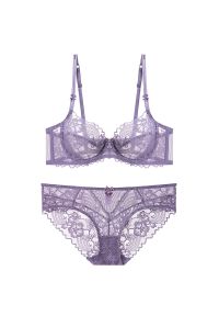 Intica - Komplet bielizny transparentnej z haftem Aleka. Kolor: fioletowy. Materiał: tkanina, materiał. Wzór: haft #1