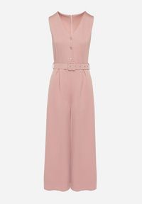 Born2be - Różowy Taliowany Kombinezon z Wiskozą Ozdobiony Paskiem Ralinelle. Okazja: na imprezę. Kolor: różowy. Materiał: wiskoza. Wzór: aplikacja. Styl: klasyczny, elegancki #7