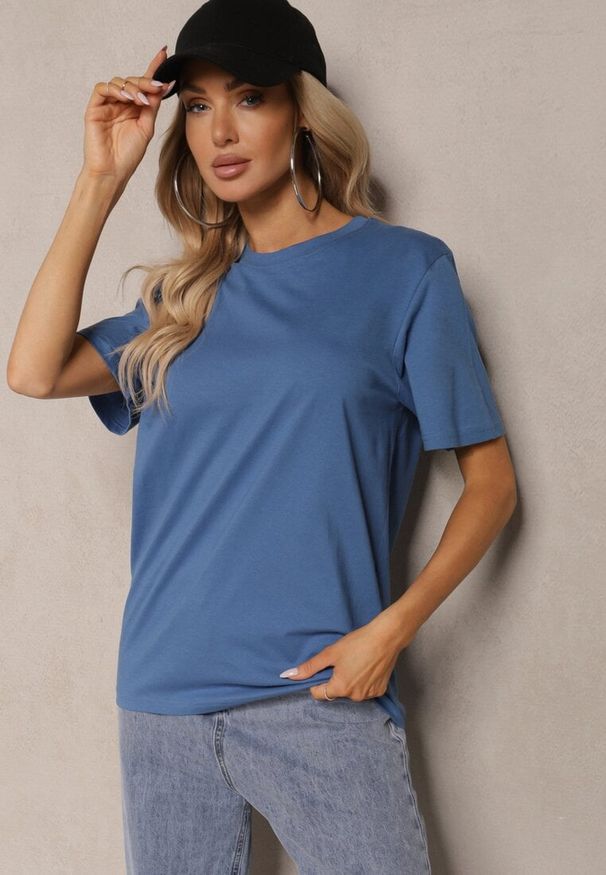 Renee - Niebieska T-shirt Koszulka z Bawełny Delestina. Okazja: na co dzień. Kolor: niebieski. Materiał: bawełna. Styl: casual, elegancki