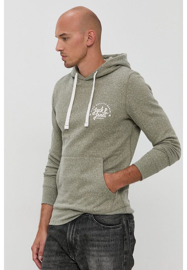 Jack & Jones Bluza męska kolor zielony z kapturem z nadrukiem. Okazja: na co dzień. Typ kołnierza: kaptur. Kolor: zielony. Materiał: dzianina. Wzór: nadruk. Styl: casual