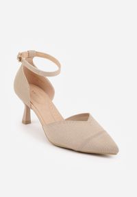 Renee - Ciemnobeżowe Czółenka z Tkaniny VICES na Niskim Obcasie z Paskiem Wokół Kostki i Wkładką Soft-Step Xylieth. Okazja: na co dzień. Zapięcie: pasek. Kolor: beżowy. Materiał: tkanina. Obcas: na obcasie. Styl: casual, elegancki. Wysokość obcasa: niski #3