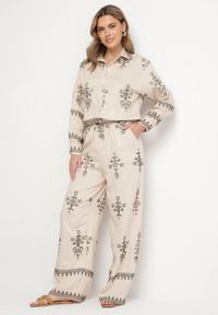 Born2be - Beżowy Komplet z Wiskozy w Stylu Boho Koszula i Spodnie Zdobione Haftem Sarhiris. Kolor: beżowy. Materiał: wiskoza. Wzór: aplikacja, haft