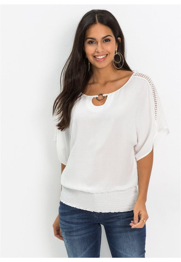 bonprix - Bluzka z czystej wiskozy. Kolor: biały. Materiał: wiskoza, koronka. Długość rękawa: krótki rękaw. Długość: krótkie. Wzór: koronka