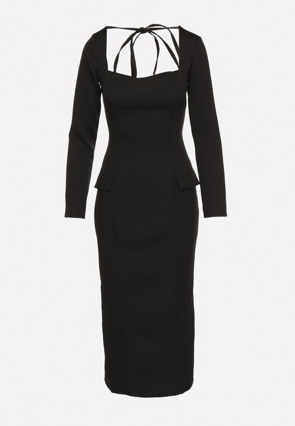 Born2be - Czarna Elegancka Sukienka Ołówkowa z Wiązaniem i Imitacją Kieszeni Tillirisa. Okazja: na co dzień, na imprezę, na spotkanie biznesowe. Kolor: czarny. Długość rękawa: długi rękaw. Typ sukienki: ołówkowe. Styl: elegancki
