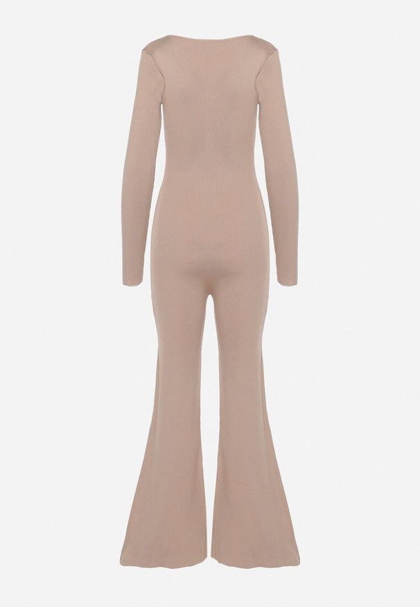 Born2be - Beżowy Wiskozowy Kombinezon Bodycon z Prążkowaniem i Suwakiem Alnorema. Kolor: beżowy. Materiał: prążkowany, wiskoza. Styl: elegancki