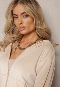 Renee - Beżowy Komplet Dresowy z Welurowej Dzianiny Szerokie Spodnie i Krótka Bluza Avilti. Kolor: beżowy. Materiał: dresówka, dzianina, welur