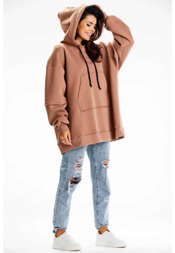 Infinite You - Bluza damska oversize z kapturem bawełna premium beżowa. Okazja: na co dzień. Typ kołnierza: kaptur. Kolor: beżowy. Materiał: bawełna. Styl: casual