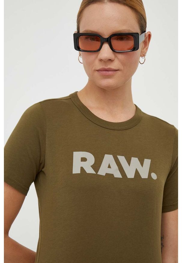 G-Star RAW - G-Star Raw t-shirt bawełniany kolor zielony. Okazja: na co dzień. Kolor: zielony. Materiał: bawełna. Długość rękawa: krótki rękaw. Długość: krótkie. Wzór: nadruk. Styl: casual, klasyczny