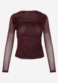 Born2be - Bordowa Bluzka Siateczkowa z Marszczeniem i Kwiatową Aplikacją Nelimor. Okazja: na co dzień. Kolor: czerwony. Materiał: bawełna, jeans. Wzór: aplikacja, kwiaty. Styl: casual, elegancki #2