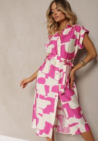 Renee - Różowo-Biała Sukienka o Koszulowym Kroju z Materiałowym Paskiem w Talii w Kolorowy Print Hilefia. Okazja: do pracy, na co dzień. Kolor: różowy. Materiał: materiał. Wzór: kolorowy, nadruk. Typ sukienki: koszulowe. Styl: casual, elegancki