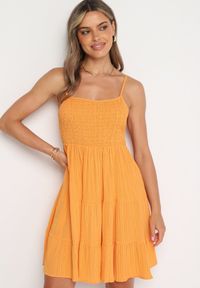 Born2be - Pomarańczowa Rozkloszowana Sukienka na Ramiączkach z Gumkami w Talii Ageridia. Kolor: pomarańczowy. Długość rękawa: na ramiączkach. Styl: elegancki