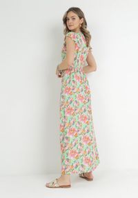 Born2be - Jasnozielona Sukienka Kopertowa z Gumką w Pasie w Kwiaty Pive. Typ kołnierza: kołnierz z falbankami. Kolor: zielony. Materiał: tkanina, wiskoza, materiał. Wzór: kwiaty. Typ sukienki: kopertowe. Długość: maxi #2