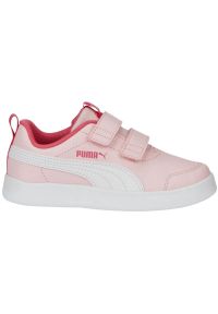 Buty Puma Courtflex v2 V Ps Jr 371543 25 różowe. Okazja: na co dzień. Zapięcie: rzepy. Kolor: różowy. Materiał: materiał, syntetyk, skóra, guma. Szerokość cholewki: normalna. Wzór: paski #2