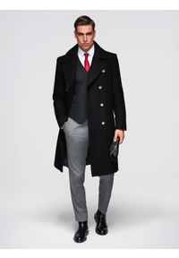 Ombre Clothing - Elegancki militarny dwurzędowy płaszcz męski z wełną - czarny V1 - Rozmiar: S. Okazja: do pracy. Typ kołnierza: dekolt w karo. Kolor: czarny. Materiał: wełna. Wzór: moro. Sezon: jesień. Styl: elegancki, militarny #1