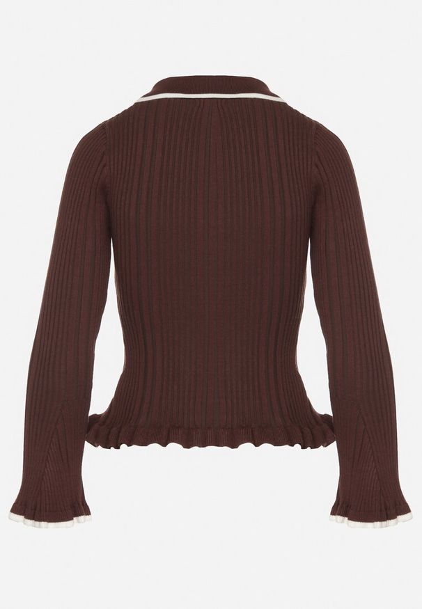 Born2be - Brązowy Sweter z Wiskozą w Stylu Retro z Kołnierzykiem i Guzikami Sarrise. Okazja: na co dzień, do pracy, na spotkanie biznesowe. Typ kołnierza: kołnierz z falbankami. Kolor: brązowy. Materiał: wiskoza. Wzór: aplikacja. Styl: retro