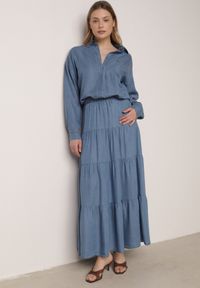 Born2be - Niebieska Rozkloszowana Spódnica z Lyocellu z Wysokim Stanem i Falbanami Emorithia. Okazja: na co dzień. Stan: podwyższony. Kolor: niebieski. Materiał: materiał. Styl: casual, klasyczny #3