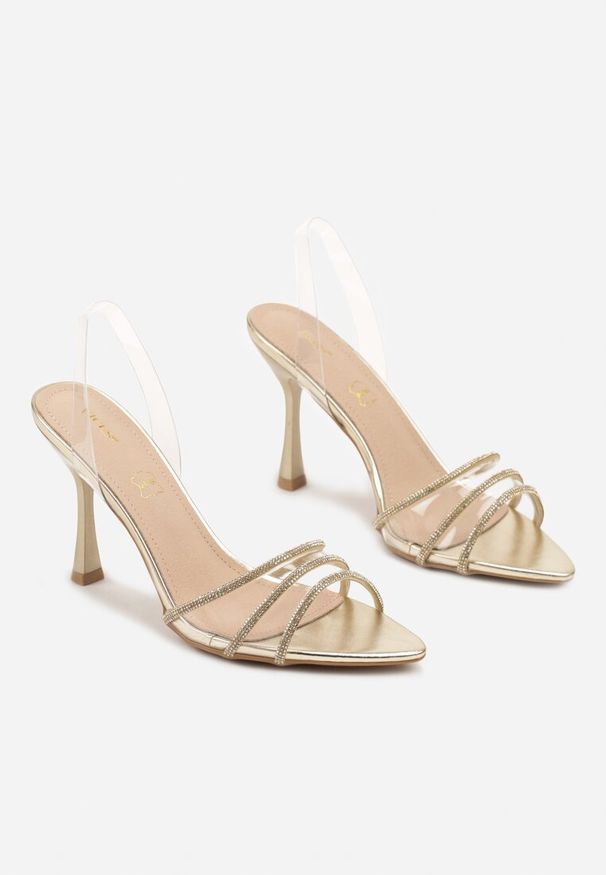 Renee - Złote Sandały Vices ze Skórzaną Wkładką Transparentną Cholewką i Cyrkoniami Novarissea. Kolor: złoty. Materiał: skóra. Styl: elegancki, klasyczny