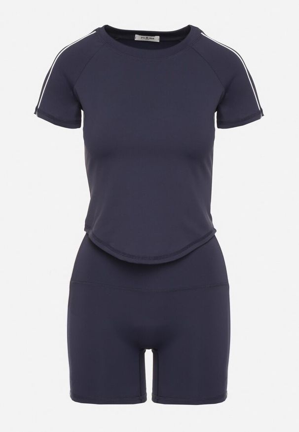 Born2be - Granatowy Komplet Sportowy T-shirt i Szorty z Ozdobnym Lampasem Zorettia. Kolor: niebieski. Materiał: jeans
