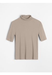 Sinsay - Prążkowana koszulka ze stójką - brązowy. Typ kołnierza: kołnierzyk stójkowy. Kolor: brązowy. Materiał: prążkowany #1