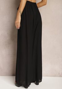 Renee - Czarne Wiskozowe Spodnie Szerokie z Gumką i Sznurkiem w Pasie Tarallia. Okazja: na co dzień. Kolor: czarny. Materiał: wiskoza. Styl: casual, elegancki