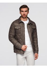 Ombre Clothing - Pikowana kurtka męska w koszulowym fasonie – khaki V3 - Rozmiar: XXL. Okazja: na co dzień. Kolor: brązowy. Materiał: poliester, materiał. Wzór: aplikacja. Styl: casual, elegancki