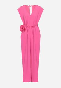 Born2be - Różowy Wiązany Kombinezon z Prostymi Nogawkami i Wiskozą oraz Kwiatową Aplikacją Dimenna. Kolor: różowy. Materiał: wiskoza. Wzór: aplikacja, kwiaty. Styl: elegancki #3