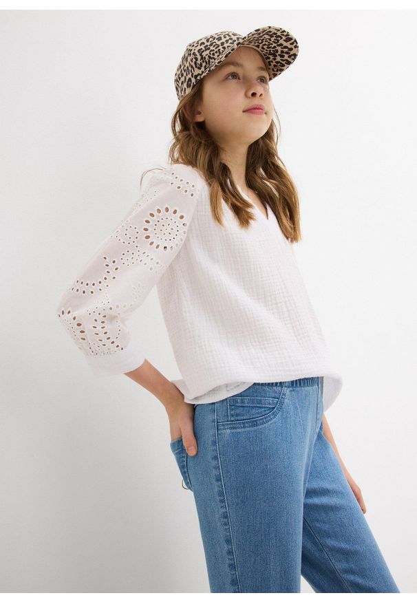 bonprix - Spodnie 7/8 z gumką w talii, mid waist. Kolor: niebieski. Styl: elegancki