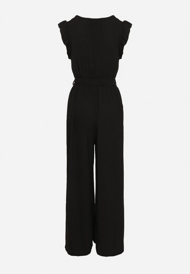 Born2be - Czarny Taliowany Kombinezon Koktajlowy z Paskiem w Talii i Falbanami przy Ramionach Vimarine. Okazja: na imprezę. Kolor: czarny. Materiał: jeans. Styl: wizytowy