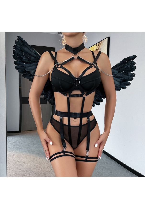 Intica - Komplet bielizny z chokerem i łańcuszkami na romantyczne wieczory Charleen. Kolor: czerwony. Materiał: materiał. Wzór: paski