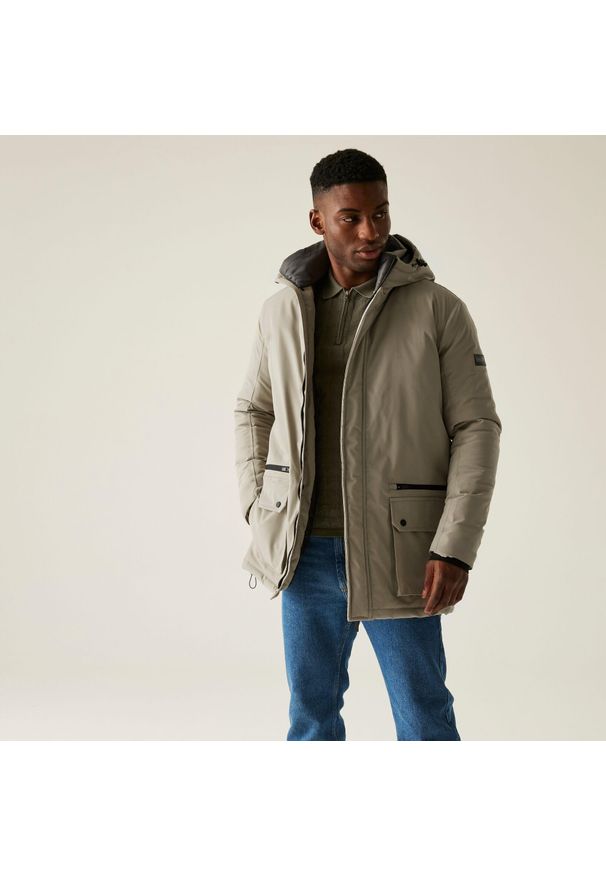 Regatta - Kurtka męska zimowa ocieplana Rhodo. Kolor: beżowy. Materiał: materiał, puch. Sezon: zima. Sport: turystyka piesza