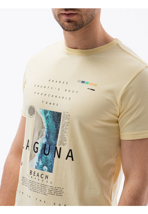 Ombre Clothing - T-shirt męski z nadrukiem S1434 V-12B - żółty - XXL. Kolor: żółty. Materiał: bawełna. Wzór: nadruk. Styl: klasyczny